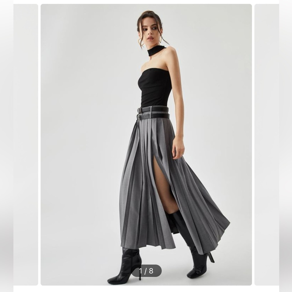 NWT COMMENSE Grey Pleated A-Line Maxi Skirt with High Slit size Small